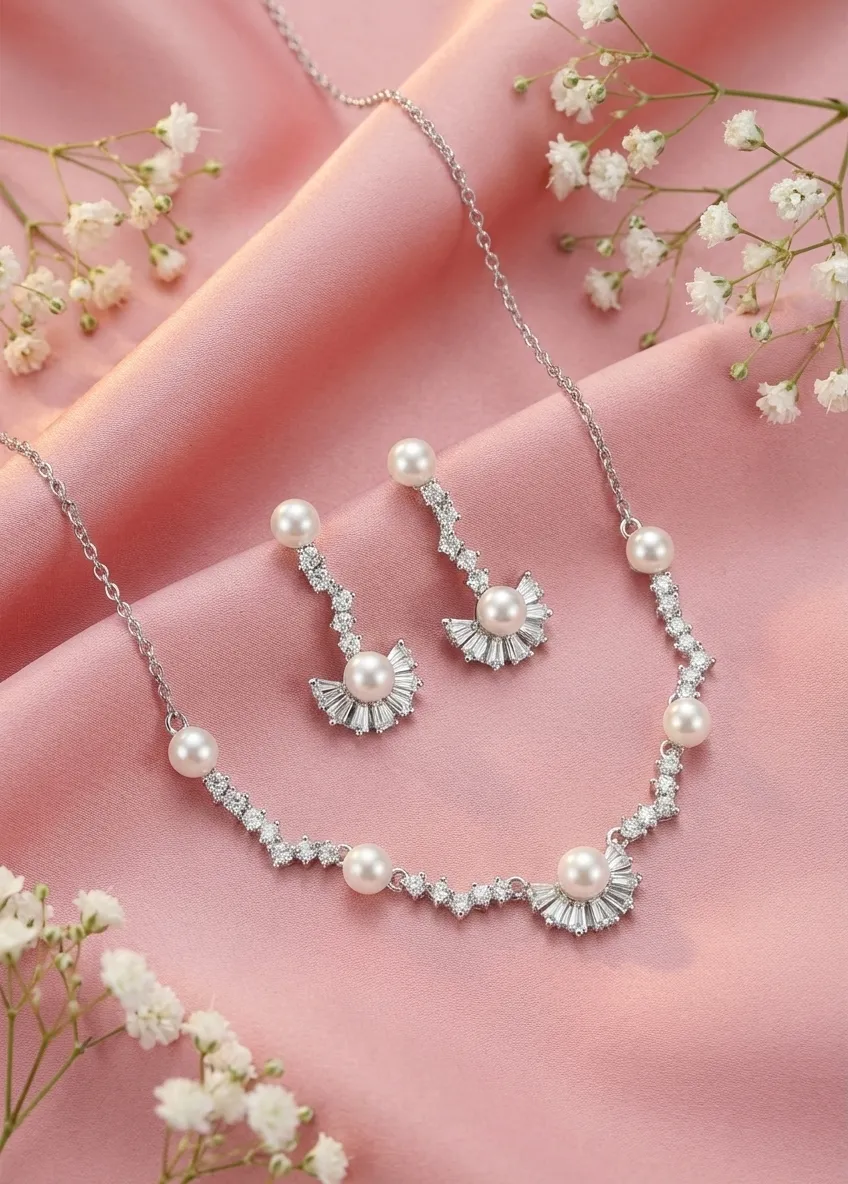 Pearl Fan Necklace & Earrings